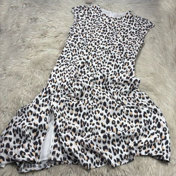 LOFT Dresses & Skirts - LOFT Women's 12 White Gray Leopard Print Fit Flare Midi Dress Short Sleeve